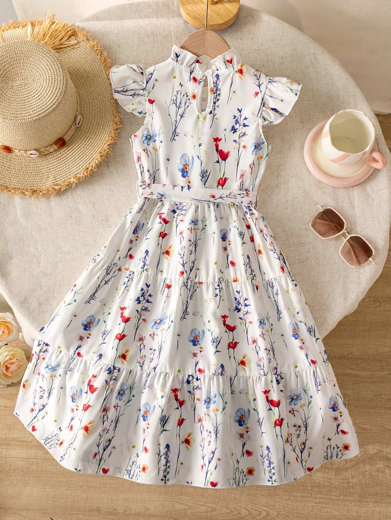 Floral Ruffled Dress with Bow Belt