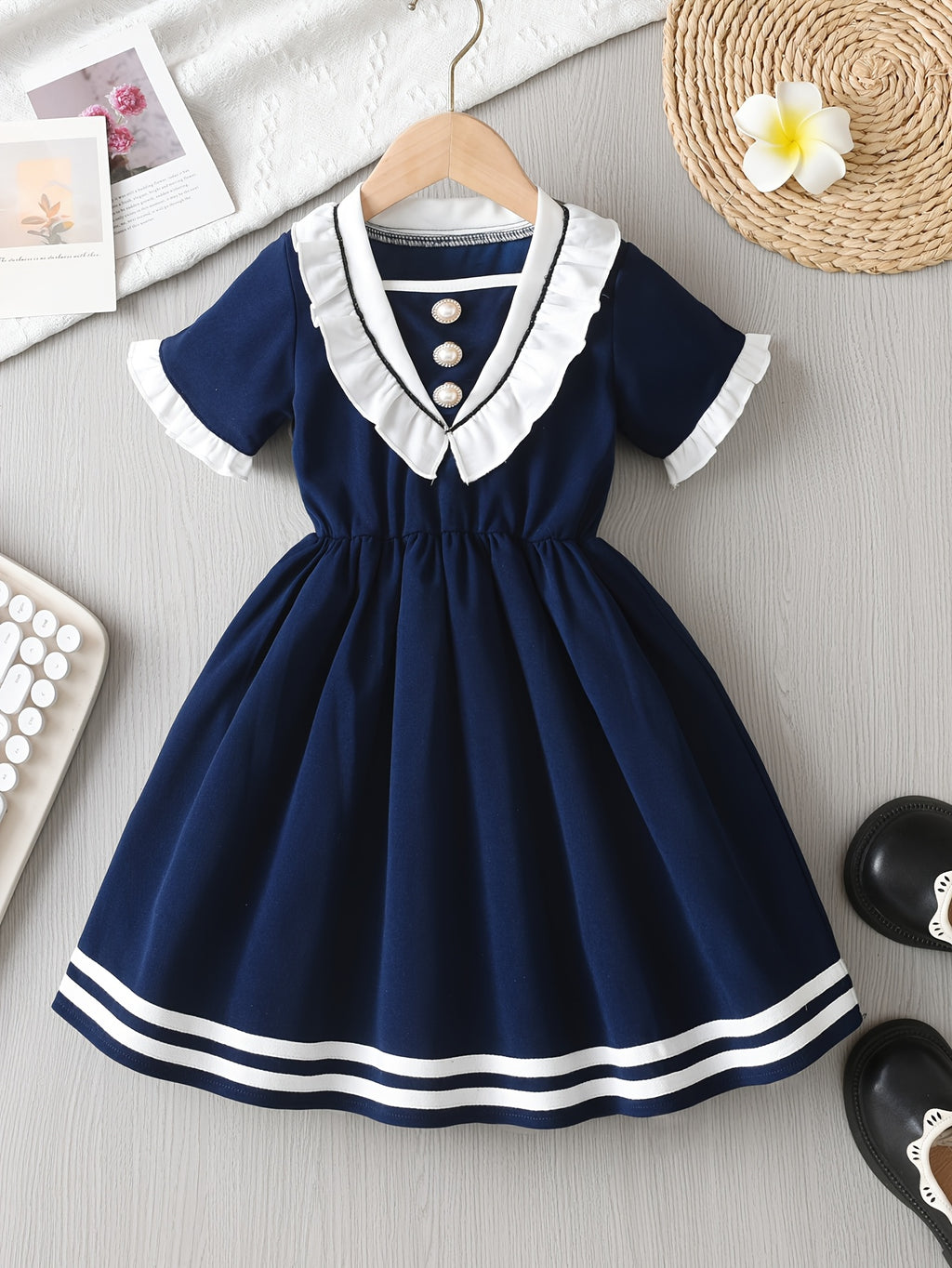 Navy Ruffled Collar Dress for Girls