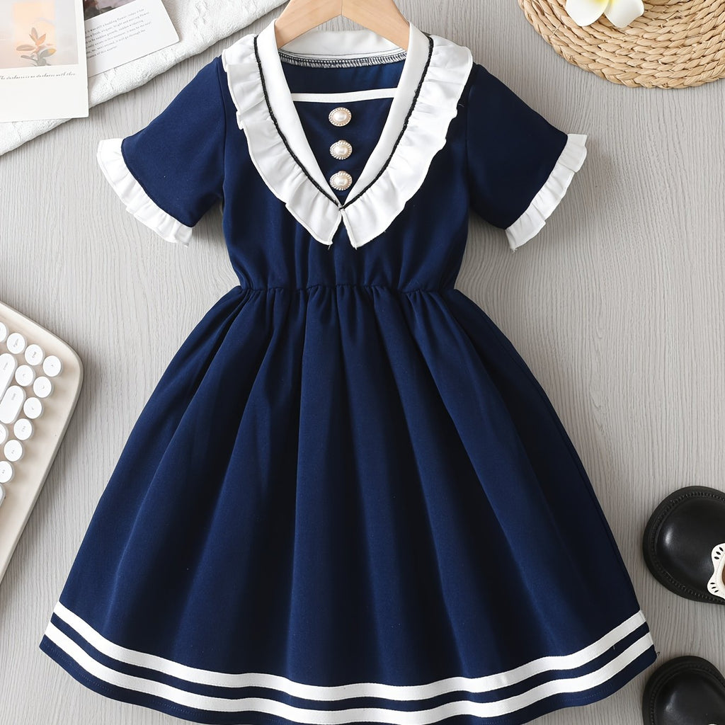 Navy Ruffled Collar Dress for Girls