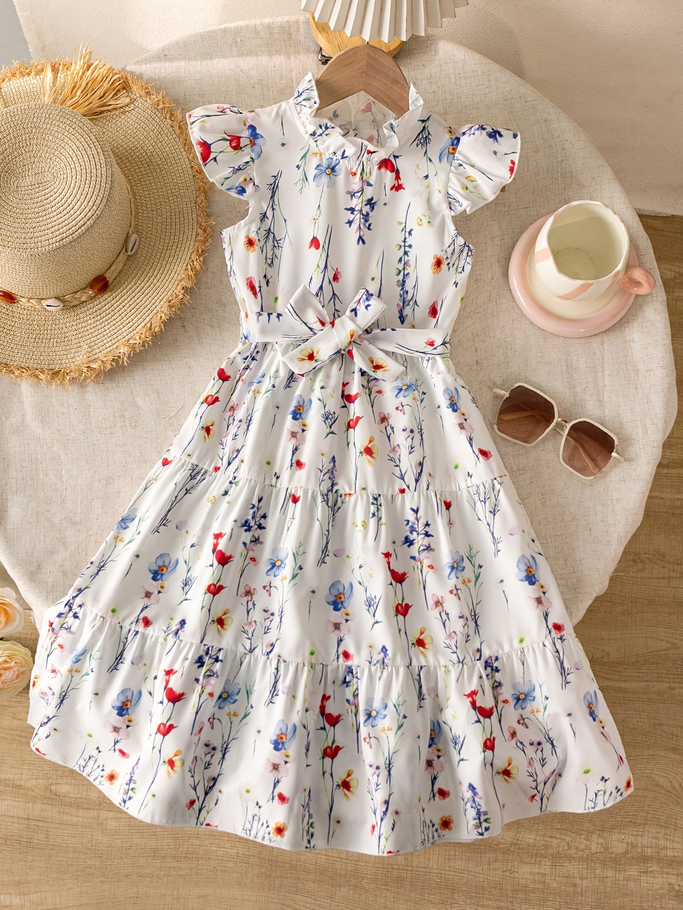Floral Ruffled Dress with Bow Belt